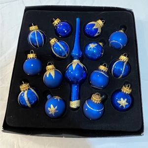 Miniature 1 1/4” ornaments~set of 15 mini. Blue & Gold balls & topper. Preowned